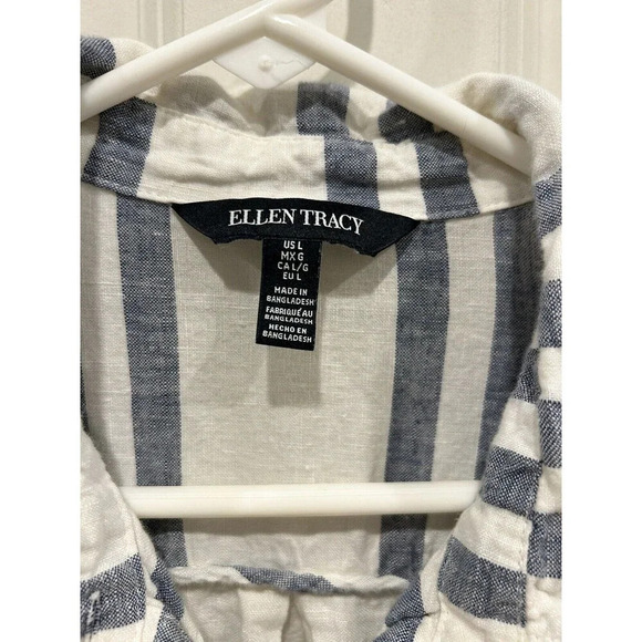 Ellen Tracy Button Popover Blouse Womens  100% Linen Blue White Striped Large - Picture 3 of 7